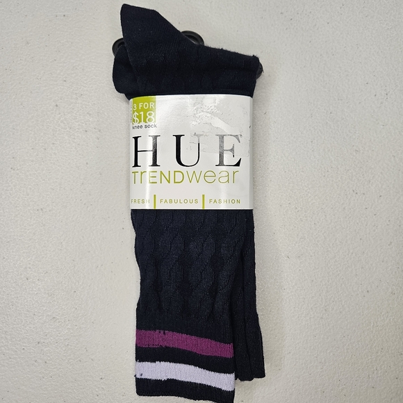 Hue Trendwear Knee Socks Cable Knit Navy Blue Purple Striped One Size - Picture 1 of 3
